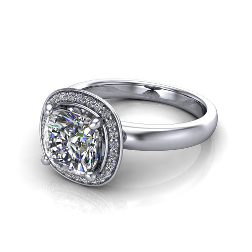 Aubree cushion halo engagement ring in 18K White Gold, three-quarter perspective showing the brilliant cushion-cut center diamond inside a cushion-shaped pave halo on a smooth polished band