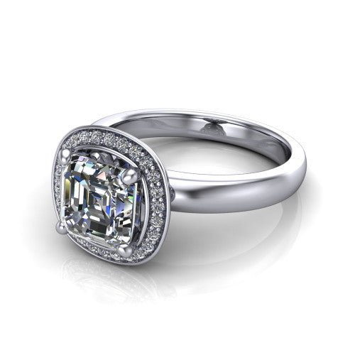 Aubree square emerald halo engagement ring in 14K White Gold, three-quarter perspective showing the step-cut square emerald center diamond inside a cushion-shaped pave halo on a smooth polished band