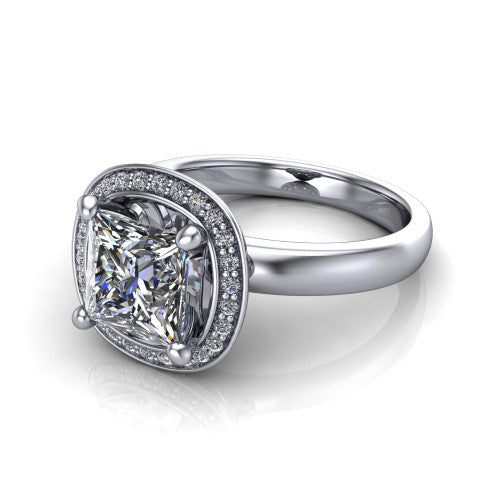 Aubree princess halo engagement ring in 14K White Gold, three-quarter perspective showing the brilliant princess-cut center diamond inside a cushion-shaped pave halo on a smooth polished band