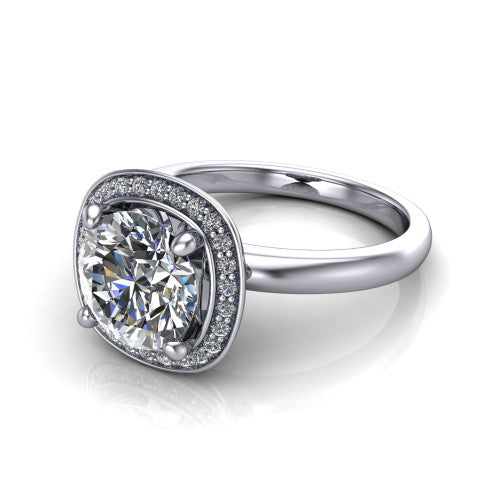 Aubree round halo engagement ring in 14K White Gold, three-quarter perspective showing the brilliant round center diamond inside a cushion-shaped pave halo on a smooth polished band
