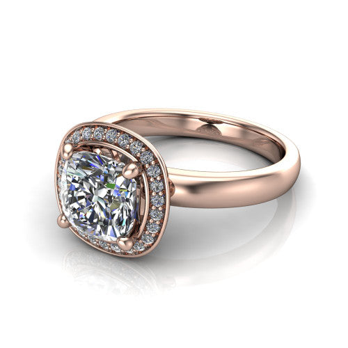 Aubree cushion halo engagement ring in 18K Rose Gold, three-quarter perspective showing the brilliant cushion-cut center diamond inside a cushion-shaped pave halo on a smooth polished band