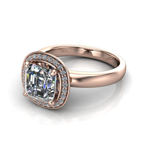 Aubree square emerald halo engagement ring in 14K Rose Gold, three-quarter perspective showing the step-cut square emerald center diamond inside a cushion-shaped pave halo on a smooth polished band