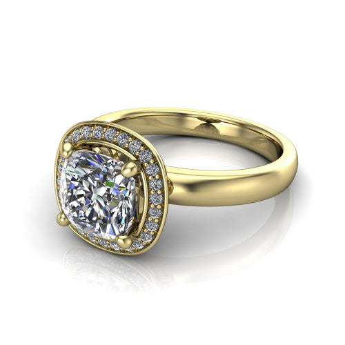 Aubree cushion halo engagement ring in 18K Yellow Gold, three-quarter perspective showing the brilliant cushion-cut center diamond inside a cushion-shaped pave halo on a smooth polished band