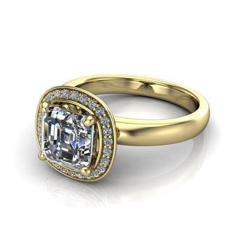 Aubree square emerald halo engagement ring in 18K Yellow Gold, three-quarter perspective showing the step-cut square emerald center diamond inside a cushion-shaped pave halo on a smooth polished band