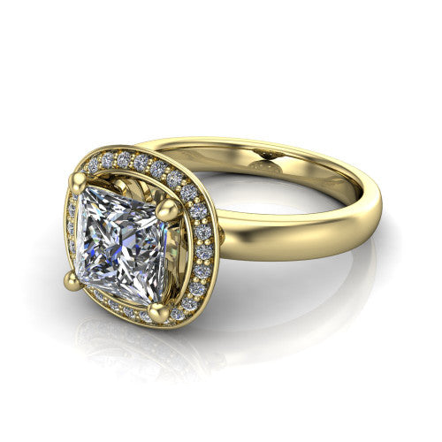 Aubree princess halo engagement ring in 14K Yellow Gold, three-quarter perspective showing the brilliant princess-cut center diamond inside a cushion-shaped pave halo on a smooth polished band