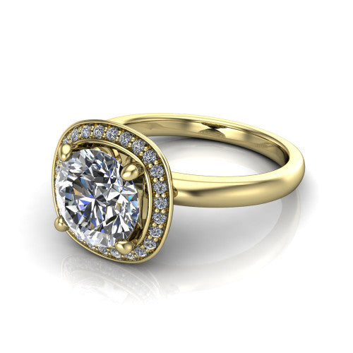 Aubree round halo engagement ring in 18K Yellow Gold, three-quarter perspective showing the brilliant round center diamond inside a cushion-shaped pave halo on a smooth polished band