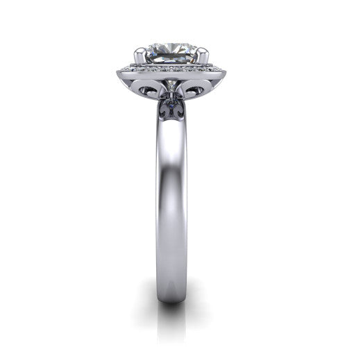 Aubree cushion halo engagement ring in 18K White Gold, side profile showing the cushion halo head and smooth polished plain band