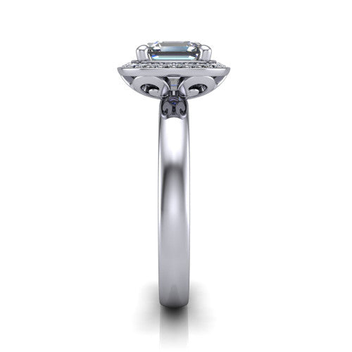 Aubree square emerald halo engagement ring in 18K White Gold, side profile showing the cushion halo head and smooth polished plain band