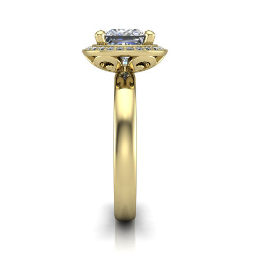 Aubree princess halo engagement ring in 14K Yellow Gold, side profile showing the cushion halo head and smooth polished plain band
