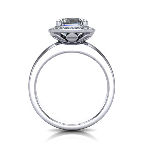 Aubree square emerald halo engagement ring in Platinum, through-finger front profile showing the cushion halo head and open under-gallery