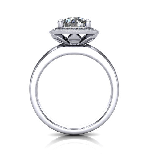 Aubree round halo engagement ring in 14K White Gold, through-finger front profile showing the cushion halo head and open under-gallery