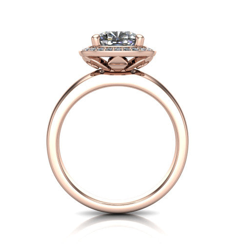 Aubree cushion halo engagement ring in 18K Rose Gold, through-finger front profile showing the cushion halo head and open under-gallery