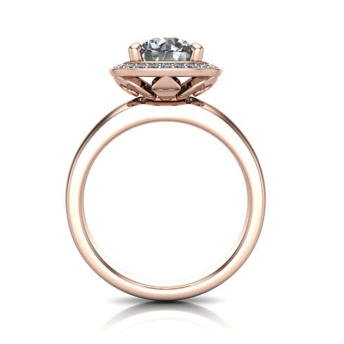 Aubree round halo engagement ring in 14K Rose Gold, through-finger front profile showing the cushion halo head and open under-gallery
