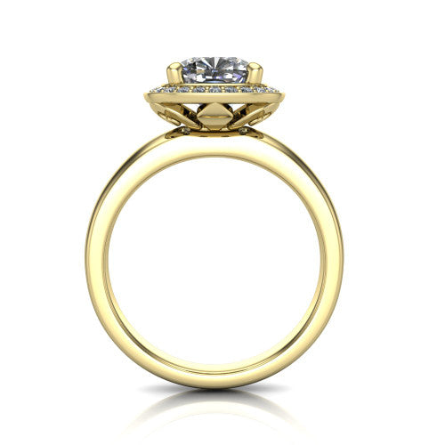 Aubree cushion halo engagement ring in 14K Yellow Gold, through-finger front profile showing the cushion halo head and open under-gallery