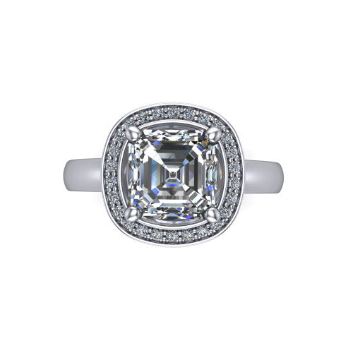 Aubree square emerald halo engagement ring in 14K White Gold, top-down view showing the step-cut square emerald center diamond framed by a cushion-shaped pave diamond halo