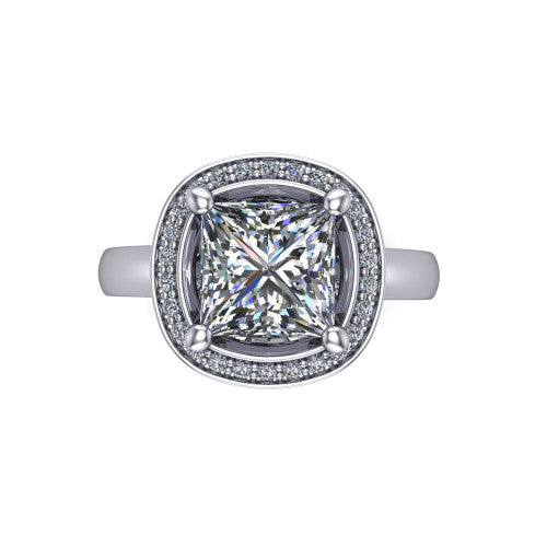 Aubree princess halo engagement ring in 14K White Gold, top-down view showing the brilliant princess-cut center diamond framed by a cushion-shaped pave diamond halo