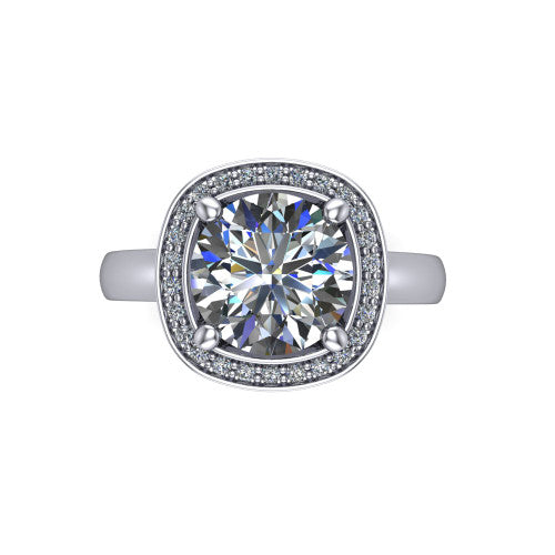 Aubree round halo engagement ring in 18K White Gold, top-down view showing the brilliant round center diamond framed by a cushion-shaped pave diamond halo