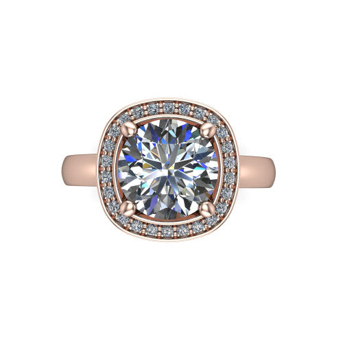 Aubree round halo engagement ring in 14K Rose Gold, top-down view showing the brilliant round center diamond framed by a cushion-shaped pave diamond halo