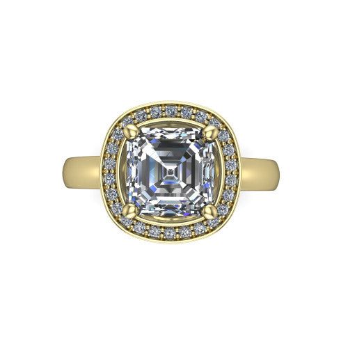 Aubree square emerald halo engagement ring in 14K Yellow Gold, top-down view showing the step-cut square emerald center diamond framed by a cushion-shaped pave diamond halo