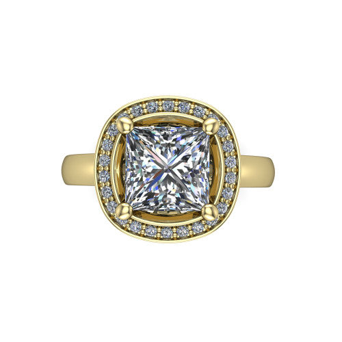Aubree princess halo engagement ring in 14K Yellow Gold, top-down view showing the brilliant princess-cut center diamond framed by a cushion-shaped pave diamond halo
