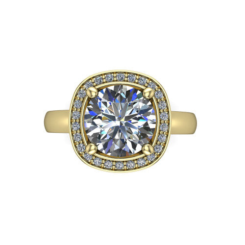 Aubree round halo engagement ring in 18K Yellow Gold, top-down view showing the brilliant round center diamond framed by a cushion-shaped pave diamond halo
