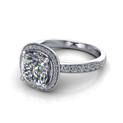 Winter cushion halo engagement ring in 14K White Gold, three-quarter perspective showing the brilliant cushion-cut center diamond inside a pave halo on pave-set shoulders