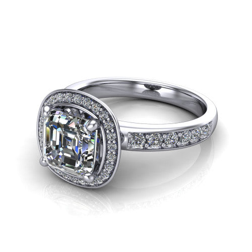 Winter square emerald halo engagement ring in Platinum, three-quarter perspective showing the step-cut square emerald center diamond inside a pave halo on pave-set shoulders