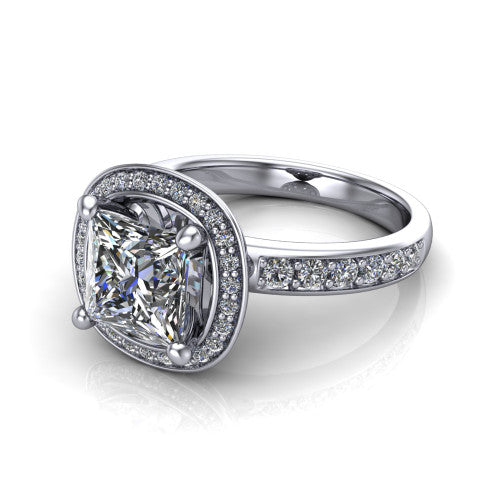 Winter princess halo engagement ring in 14K White Gold, three-quarter perspective showing the brilliant princess-cut center diamond inside a pave halo on pave-set shoulders