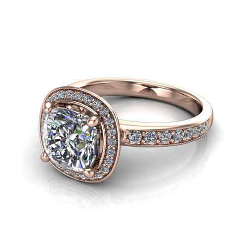 Winter cushion halo engagement ring in 18K Rose Gold, three-quarter perspective showing the brilliant cushion-cut center diamond inside a pave halo on pave-set shoulders