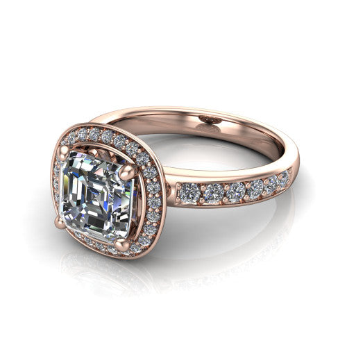 Winter square emerald halo engagement ring in 14K Rose Gold, three-quarter perspective showing the step-cut square emerald center diamond inside a pave halo on pave-set shoulders