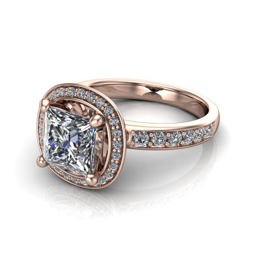 Winter princess halo engagement ring in 14K Rose Gold, three-quarter perspective showing the brilliant princess-cut center diamond inside a pave halo on pave-set shoulders