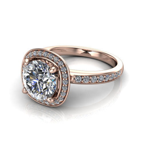 Winter round halo engagement ring in 18K Rose Gold, three-quarter perspective showing the brilliant round center diamond inside a pave halo on pave-set shoulders