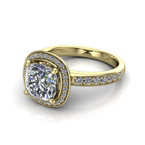 Winter cushion halo engagement ring in 14K Yellow Gold, three-quarter perspective showing the brilliant cushion-cut center diamond inside a pave halo on pave-set shoulders