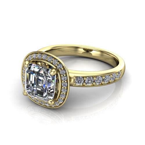 Winter square emerald halo engagement ring in 18K Yellow Gold, three-quarter perspective showing the step-cut square emerald center diamond inside a pave halo on pave-set shoulders