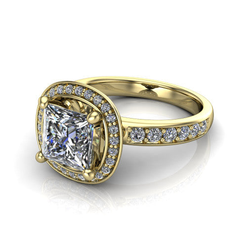 Winter princess halo engagement ring in 14K Yellow Gold, three-quarter perspective showing the brilliant princess-cut center diamond inside a pave halo on pave-set shoulders