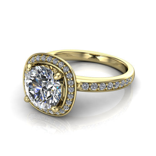 Winter round halo engagement ring in 14K Yellow Gold, three-quarter perspective showing the brilliant round center diamond inside a pave halo on pave-set shoulders