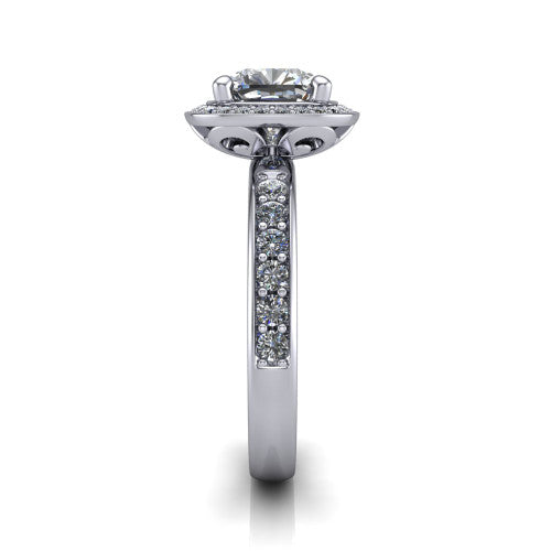 Winter cushion halo engagement ring in Platinum, side profile showing the pave halo, pave-set shoulders, and filigree scrollwork basket