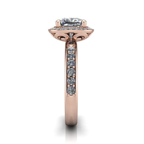 Winter cushion halo engagement ring in 14K Rose Gold, side profile showing the pave halo, pave-set shoulders, and filigree scrollwork basket