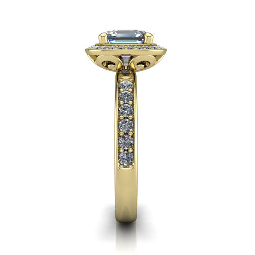 Winter square emerald halo engagement ring in 18K Yellow Gold, side profile showing the pave halo, pave-set shoulders, and filigree scrollwork basket