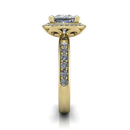 Winter princess halo engagement ring in 14K Yellow Gold, side profile showing the pave halo, pave-set shoulders, and filigree scrollwork basket