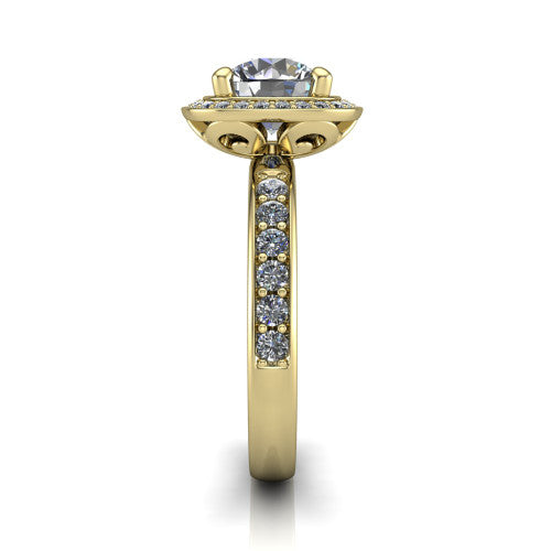 Winter round halo engagement ring in 18K Yellow Gold, side profile showing the pave halo, pave-set shoulders, and filigree scrollwork basket