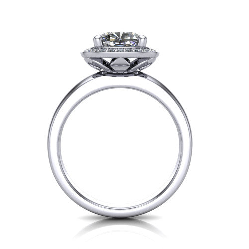 Winter cushion halo engagement ring in 18K White Gold, through-finger front profile showing the halo head, cathedral shoulders, and filigree under-gallery