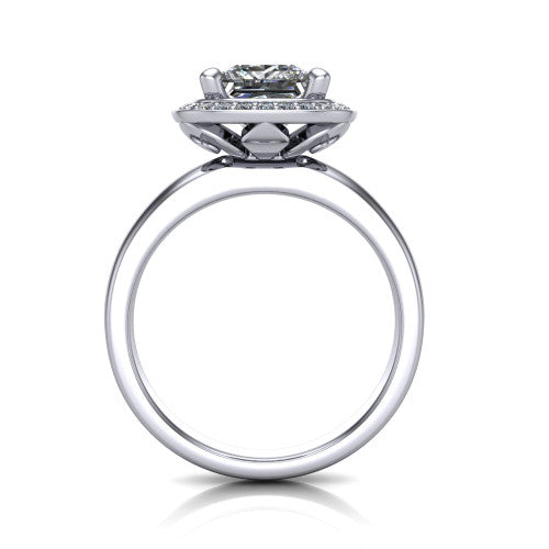 Winter princess halo engagement ring in 14K White Gold, through-finger front profile showing the halo head, cathedral shoulders, and filigree under-gallery
