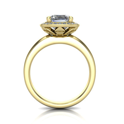 Winter square emerald halo engagement ring in 14K Yellow Gold, through-finger front profile showing the halo head, cathedral shoulders, and filigree under-gallery
