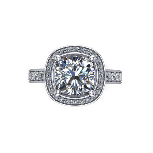 Winter cushion halo engagement ring in 18K White Gold, top-down view showing the brilliant cushion-cut center diamond framed by a pave diamond halo