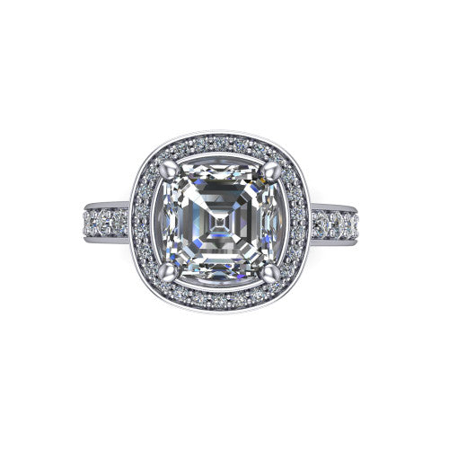 Winter square emerald halo engagement ring in Platinum, top-down view showing the step-cut square emerald center diamond framed by a pave diamond halo
