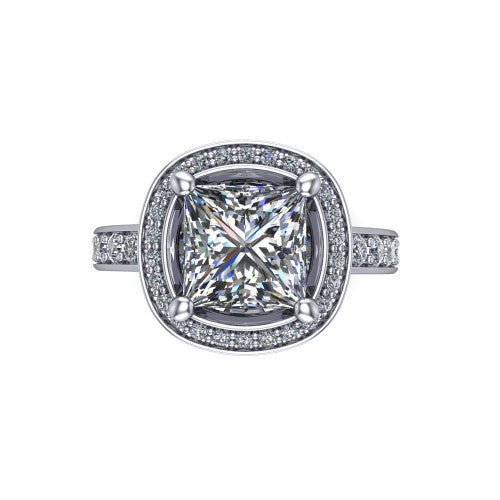 Winter princess halo engagement ring in 14K White Gold, top-down view showing the brilliant princess-cut center diamond framed by a pave diamond halo