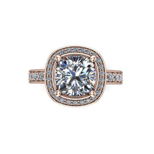 Winter cushion halo engagement ring in 18K Rose Gold, top-down view showing the brilliant cushion-cut center diamond framed by a pave diamond halo