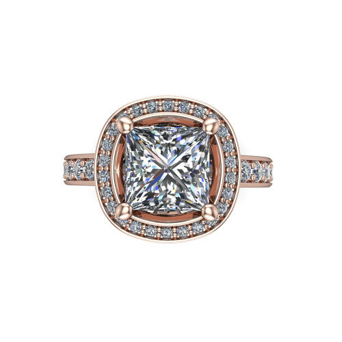 Winter princess halo engagement ring in 18K Rose Gold, top-down view showing the brilliant princess-cut center diamond framed by a pave diamond halo
