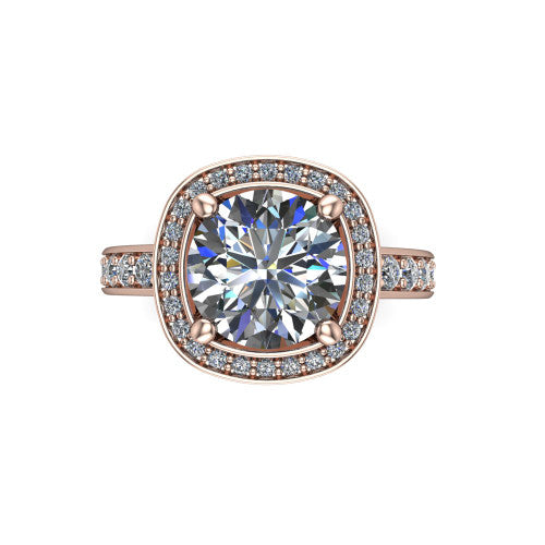 Winter round halo engagement ring in 18K Rose Gold, top-down view showing the brilliant round center diamond framed by a pave diamond halo